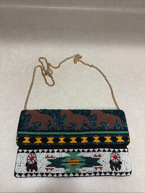 Handbags - Beaded Tribal Pattern Crossbody Clutch in Brown and Teal